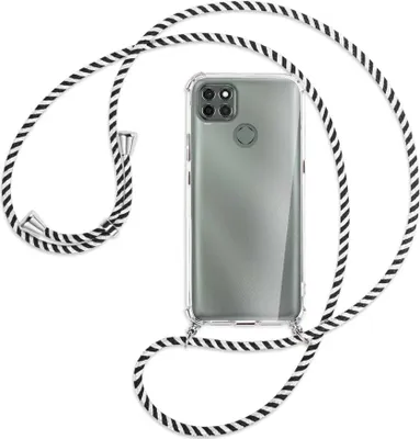 Produktbild von Handykette Backcover-Schutzhülle mit Band (Metall silberfarben) für Motorola Moto G9 Power - schwarz/weiß gestreift