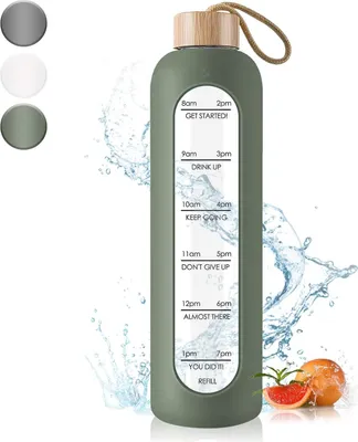 Produktbild von Trinkflasche Glas mit Zeitmarkierungen 1 Liter Auslaufsichere Sport Glas Wasserflasche mit Bambusdeckel Wasser Flasche, Olivgrün