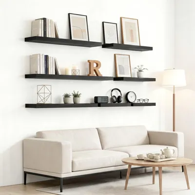 Immagine prodotto di Set di 2 mensole a muro, 60 cm, con supporti invisibili, colore nero, dimensioni 60 x 23,5 x 3,8 cm, ideali per il soggiorno