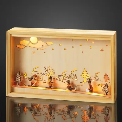 Produktbild von LED Leuchtbild Holz Deko Weihnachten Ski Motiv Winterszene warmweiß 10 LED Trafo