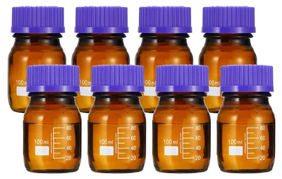 8er-Set 100 ml Borosilikatglasflaschen mit GL45-Deckel, braun