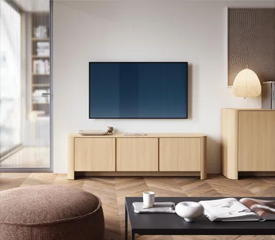 Produktbild von 3-türig TV-Schrank Amari TV-Lowboard mit runder Formgebung Fernsehschrank im japandi Stil TV-Kommode in heller Eiche Vicenza, Farbe: Eiche Vicenza