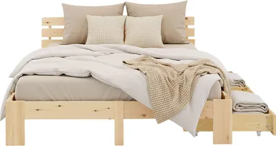 Produktbild von Homestyle4u Holzbett 140x200 mit 2 Schubladen Natur Doppelbett mit Lattenrost Bettkasten