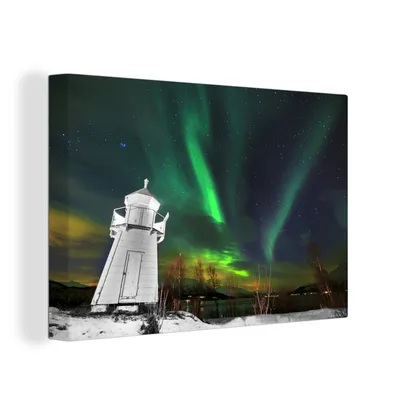 Produktbild von OneMillionCanvasses® - Leinwandbilder - 150x100 cm, Nordlichter - Leuchtturm - Norwegen, Wandbilder Kunstdruck Wanddekoration