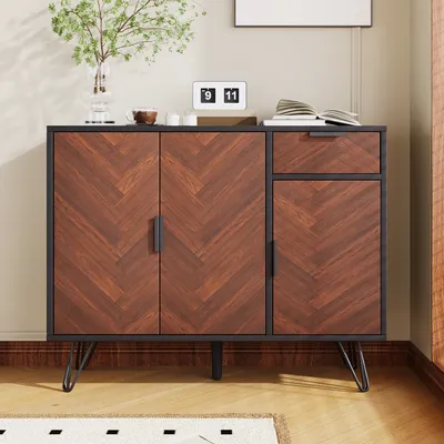 Image de okwish Buffet moderne avec tiroir et étagères réglables, grande capacité de rangement pour salon – 90×30×71,5 cm noir et bois