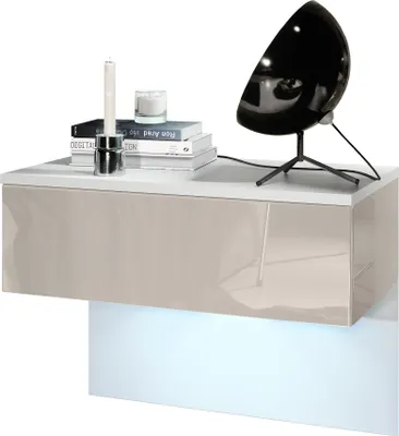 Produktbild von Vladon Nachttisch Sleep,  Germany, Nachttischschrank mit Schublade zur Wandmontage, Weiß matt/Sandgrau Hochglanz, inkl. LED-Beleuchtung (60 x 46 x 35 cm)