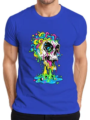 Produktbild von Psychedelischer Totenkopf Bunt Schmelzend Space Galaxie Skull Herren T-Shirt, Blau, M