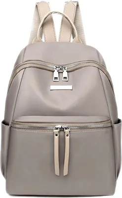 A gray backpack with beige accents is shown against a white background.