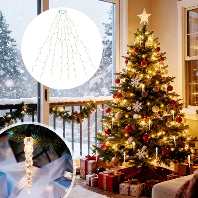 Produktbild von LED Lichterkette Weihnachtsbaum Lichterkette mit Warm+Kaltweiß funkelnden Eiszapfen 11 Modi/ 1,5m 8 Girlanden für 60cm - 150cm Tannenbaum