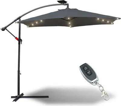 Image de Jopassy Parasol 3 m UV40+ avec LED solaire pivotant Parasol de jardin Parasol à manivelle Aluminium, gris