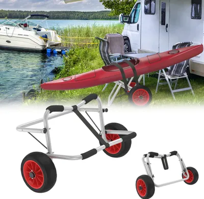 A collage showing a kayak on a cart by a lake with a camper van in the background, and close-ups of kayak carts.