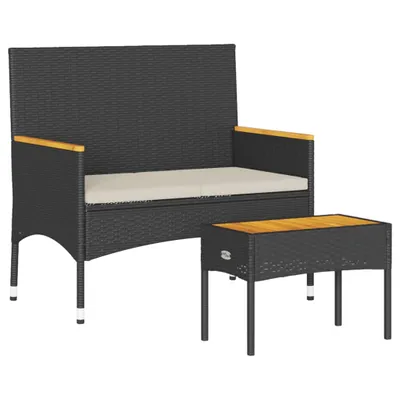 Produktbild von vidaXL Gartenbank 2-Sitzer mit Kissen und Tisch Schwarz Poly Rattan