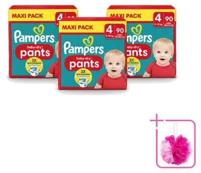 Zdjęcie produktu dla 3 sztuki pieluchomajtki Pampers Baby-Dry, rozmiar 4 - opakowanie ekonomiczne