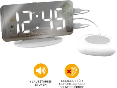 Produktbild von Miraval Spiegelwecker mit Vibrationskissen – 3 Weckmodi, 110 dB, 2x USB-C, 7 Helligkeitsstufen, Snooze-Funktion & lautloses Uhrwerk