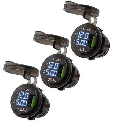 Produktbild von ProRide 12V USB-Einbausteckdose QC3.0, Voltmeter & Amperemeter, 3 St.