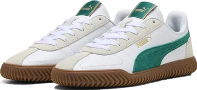 A pair of white Puma sneakers with green accents and a brown sole, shown from a slightly angled front view on a white background.