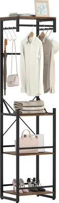 A freestanding coat rack with shelves, displaying clothing, bags, and shoes.