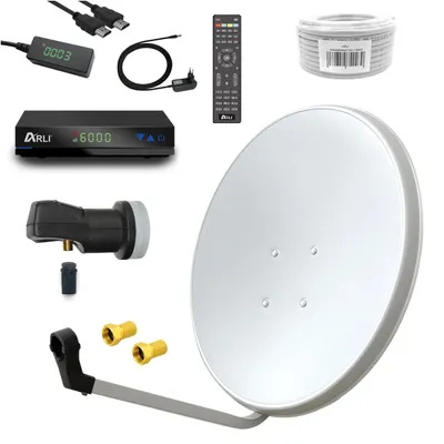 Produktbild von ARLI 60 cm HD Sat Anlage Antenne weiss Set inkl. Receiver + Kabel + Stecker für 1 Teilnehmer