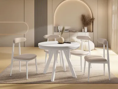 Produktbild von Runder Ausziehbarer Esstisch im Loft-Stil – Verlängerbarer Tisch mit Weißen Holzbeinen & Metallring – Platzsparender Esstisch für Wohnzimmer – Weiß – 80 bis 130 cm