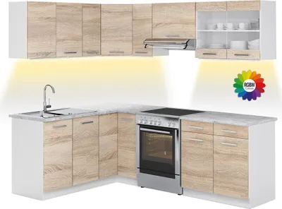 Immagine prodotto di Cucina ad angolo Vicco Rick Sonoma/Bianco 227 x 167 cm, PL Marmo con striscia LED, Model 51947