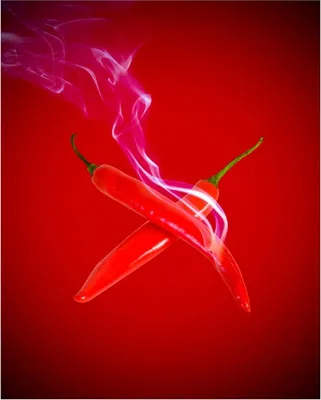 Produktbild von Wallario Poster - Rauchende Chili-Schoten im Duo vor rotem Hintergrund, Kunstdruck Größe: 40 x 50 cm
