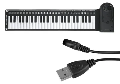Schwarzes 49-Tasten-Handrollpiano mit Bedienfeld und Lautsprecher, gezeigt mit einem schwarzen USB-Ladekabel