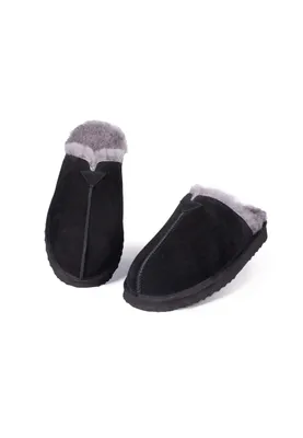 Produktbild von Herren Pantoffeln Slipper aus m  Lammerfell Plüsch Hausschuhe Schwarz Größe 46