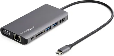 Image de StarTech.com Adaptateur multiport USB C, Mini station d'accueil de voyage USB-C avec HDMI 4K ou VGA 1080p, 3x Hub USB 3.0, SD, GbE, audio, 100W PD Pass-Through, Portable Docking Station for Laptop/Tablet