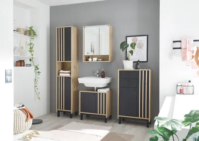 Produktbild von Badezimmer-Set "Vassili" (4-teilig) in Artisan Eiche / schwarz - 198x195x36cm (BxHxT)