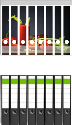 Produktbild von Wallario 8 Stück schmale Ordner inkl. Klebeetiketten mit Motive Frischer Tomatensaft mit Sellerie -  Set mit Rückenschildern / Ordnerrücken Stickern