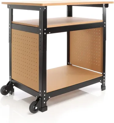Produktbild von Fahrbare Werkbank 69 x 51 x 66-82 cm, höhenverstellbarer Werktisch, Arbeitstisch mit 2 Rollen, 2 Ablagen und seitliche Lochwand