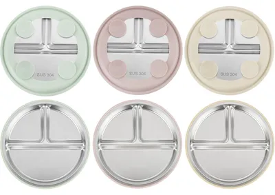 Imagen del producto de Juego de 3 platos de acero inoxidable para niños, con ventosa