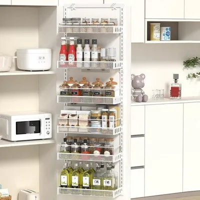 Productafbeelding van Deurorganizer met 6 verstelbare planken - Metalen plankensysteem voor keuken en badkamer - Kleur: wit