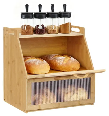 Produktbild von Brotkasten für die Küche - Doppellagiger Brotkasten aus Holz - Klappdeckel mit Sichtfenster - Freistehende Aufbewahrung für Brot und Gewürze - Khaki