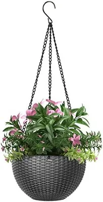 Produktbild von Blumenampel, 1 Stück Hängend Blumentopf Kunststoff Hängekörbe Hängende Pflanzgefäßen Hängepflanztöpfe mit Kette Abflusslochs für Innen Außen Pflanzen Blume Decken Balkone, Grau