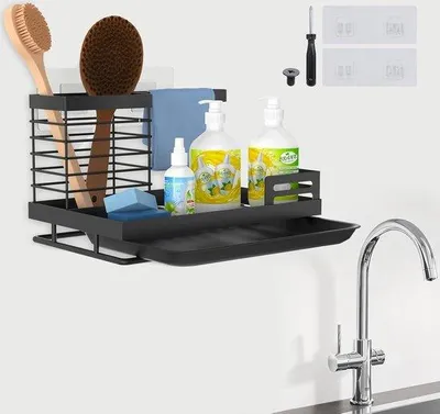 Image de Organiseur de lavabo en acier inoxydable, à suspendre, noir, pour la cuisine et la salle de bains