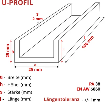 Produktbild von ALUMINIUM U-PROFIL 25x25x25x2 mm 10 cm ALUMINIUM PA38 + ZUSCHNITT NACH MASS