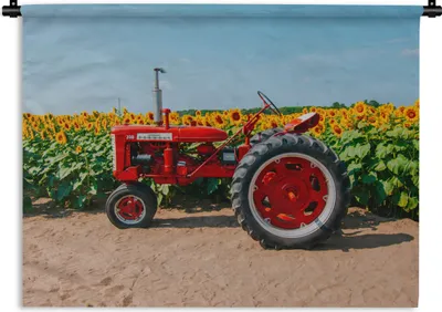 Produktbild von MuchoWow® Wandteppich Wandbehang Traktor - Rot - Sonnenblume - Bauernhof - Blumen 150x112.50 cm Tapisserie Dekoration Wandtuch - Wanddecke - Wandteppiche