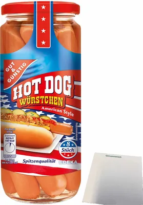 Produktbild von Gut & Günstig Hot Dog Würstchen in Eigenhaut American Style (8 Stück 375g ATG) + usy Block