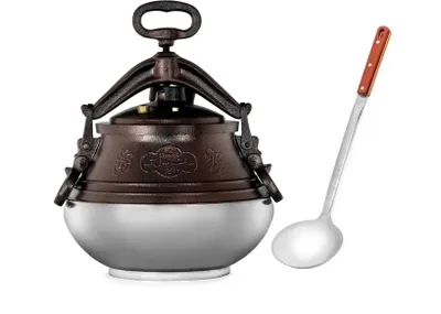 Imagen del producto de Olla afgana de 8 litros (6,7 litros) con cucharón, apta para cocinar carne, guisos y estofados. También conocida como "Afghankazan"
