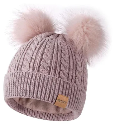 Produktbild von Damen Mütze Winter Strick Fleece Gefüttert mit Doppelbommel Rosa