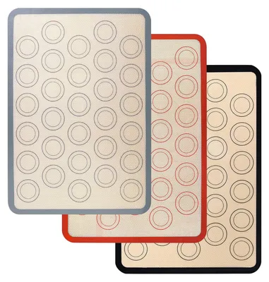 Image de Tapis de cuisson en silicone 3 pièces pour macarons, sans BPA, 42 x 29,5 cm, revêtement antiadhésif, antidérapant, idéal pour les macarons, les biscuits, les pizzas et le pain.