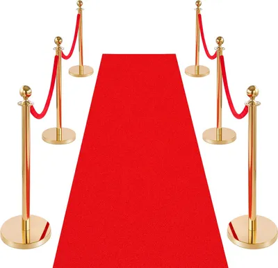 Produktbild von Absperrpfosten Set - Personenleitsystem mit Absperrständern - 6 Pfosten & 4 Samtseile (1,5 m) - Roter VIP-Teppich 8 m - Nachfüllbarer Standfuß - Für Events, Hotels, Kinos - Gold