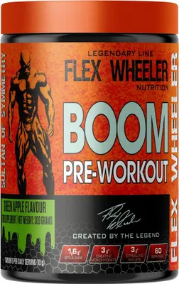 Imagen del producto de Serie Signature de Flex Wheeler | Fórmula pre-entrenamiento BOOM, sabor manzana verde