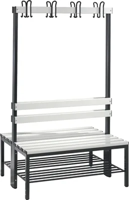 Produktbild von Doppelseitige Garderobenbank, Kunststoffleisten, mit Schuhrost, TxH 756x1710 mm, Länge 1000 mm, RAL 7021