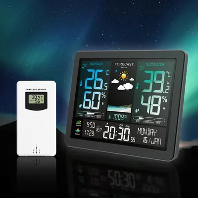 Obrázek produktu pro CHICIRIS Multifunkční elektronická meteostanice se zobrazením fáze měsíce, podpora 8 jazyků, vhodná pro domácí kancelářské použití, materiál ABS