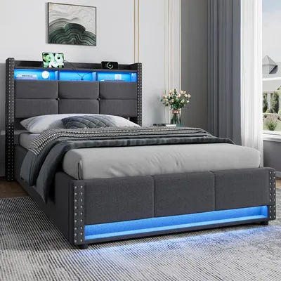 Produktbild von okwish Polsterbett 90×200 mit Staufächern im Kopfteil,LED und Ladefunktion, Jugendbett mit Bettkasten,Einzelbett,Grau,ohne Matratze