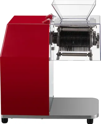A red meat slicer machine is shown from the side against a white background.