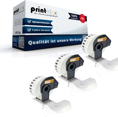 A product shot of three label maker tape cartridges in front of a product box.