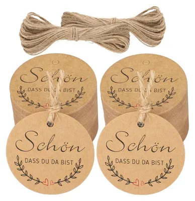 Produktbild von 100 Stück Geschenkanhänger SCHÖN DASS DU DA BIST Anhänger - Kraftpapier Etiketten 6CM - Rund Papieranhänger mit Jute Schnur für Hochzeit Geschenke Basteln (Braun),Für Hochzeit Geschenkverpackung Bastelarbeiten